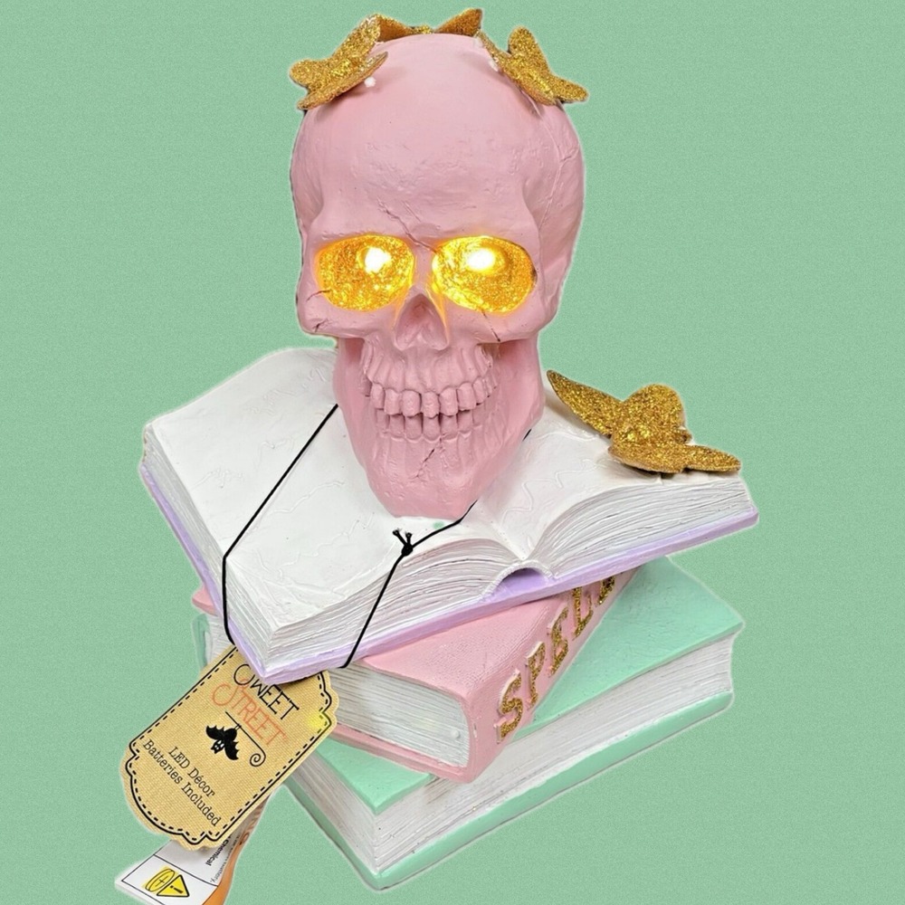 Sweet Street Pink LED Skull on Pastel Spell Books with Gold Glitter Butterflies
